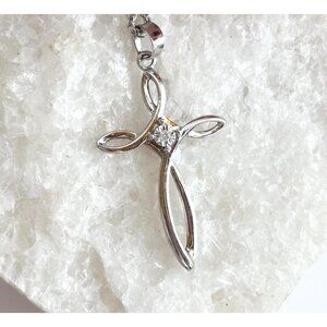 Minimalist Cross Shaped CZ Sterling Silver 925 Vintage Pendant Necklace - 17